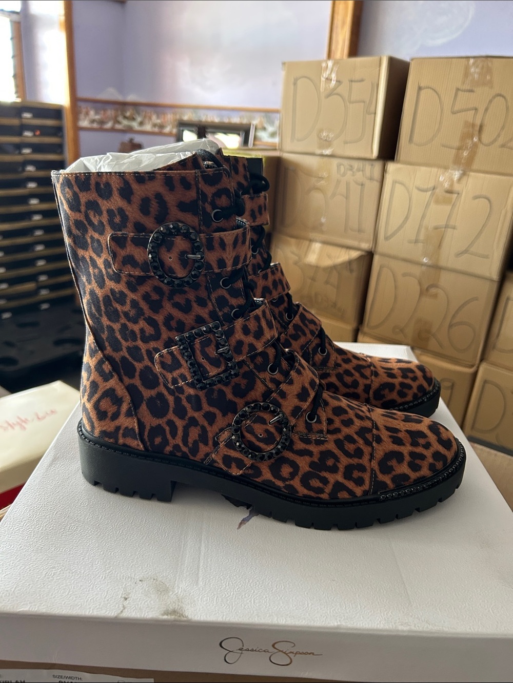 Jessica Simpson Leopard-Print Lace-Up Combat Boots - Brown & Black